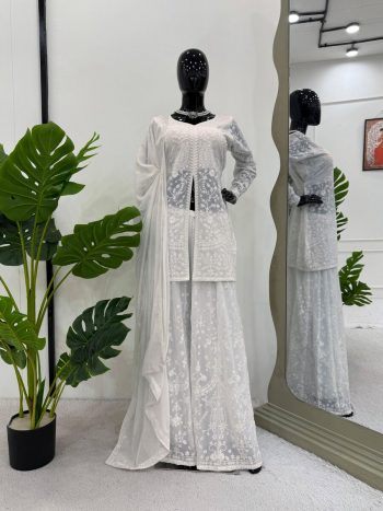 FANCY GEORGETTE THREAD WORK TOP PALAZZO WITH DUPATTA  WHITE