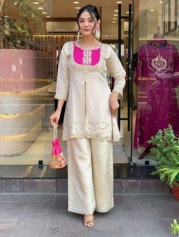 FANCY GOLD CRUSH EMBROIDERY CODING WORK TOP BOTTOM SET WITH POTALI PURSE RANI