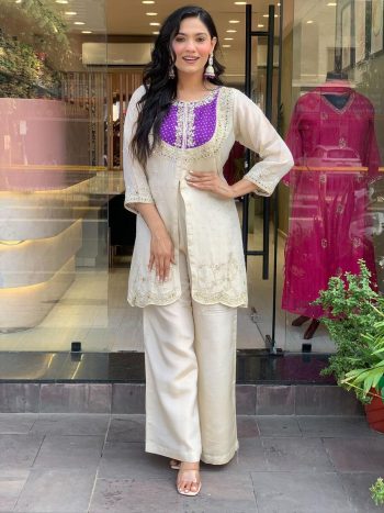 FANCY GOLD CRUSH EMBROIDERY CODING WORK TOP BOTTOM SET WITH POTALI PURSE LAVENDER