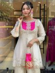 FANCY GOLD CRUSH EMBROIDERY CODING WORK TOP BOTTOM SET WITH POTALI PURSE PARTY WEAR WHOLESALE PRICE ETHNIC GARMENT (10)
