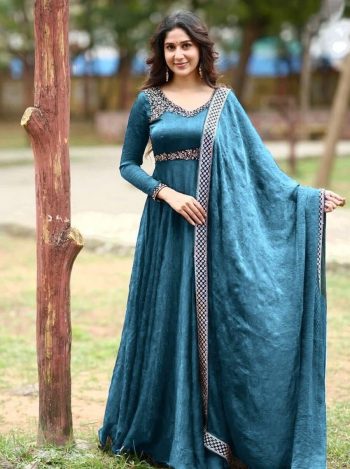 FANCY GOLD CRUSHED SILK THREAD AND SEQUENCE EMBROIDERY WORK GOWN WITH DUPATTA TEAL