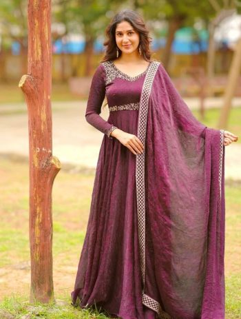 FANCY GOLD CRUSHED SILK THREAD AND SEQUENCE EMBROIDERY WORK GOWN WITH DUPATTA WINE