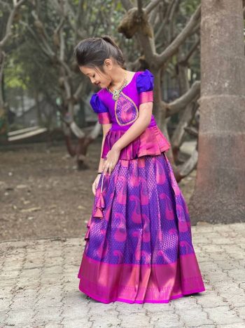 FANCY JACQUARD WITH WEAVING WORK KID'S TOP LEHENGA PURPLE