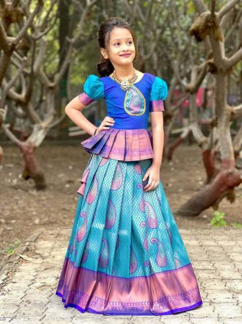 FANCY JACQUARD WITH WEAVING WORK KID'S TOP LEHENGA BLUE