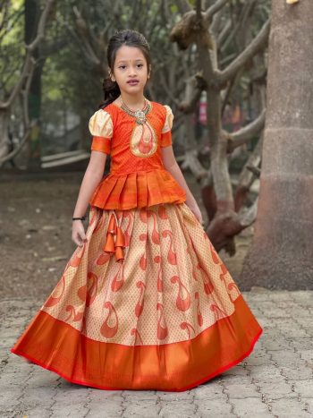 FANCY JACQUARD WITH WEAVING WORK KID'S TOP LEHENGA ORANGE