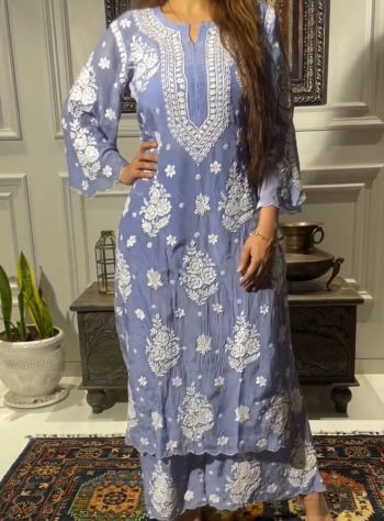 FANCY JIMMY CHOO EMBROIDERY WORK KURTI PALAZZO SET LAVENDER