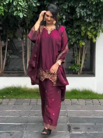 FANCY JIMMY CHOO SILK EMBROIDERY SEQUENCE WORK TOP PALAZZO WITH DUPATTA PURPLE