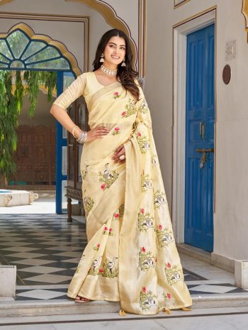 FANCY KOTA CRYSTLE JACQUARD BORDER WITH EMBROIDERY THREAD WORK SAREE WITH UNSTITCHED BLOUSE YELLOW