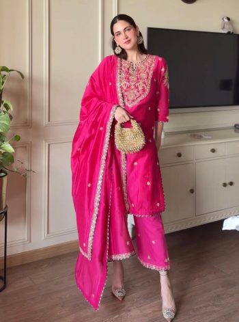 FANCY MALAI SATIN SILK EMBROIDERY THREAD WITH READY-MADE LACE BORDER WORK TOP BOTTOM WITH DUPATTA PINK