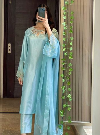 FANCY MOSS SATIN EMBROIDERY WITH BEADS AND SEQUENCE WORK TOP BOTTOM WITH DUPATTA SKY