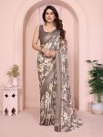FANCY MOSS SATIN PRINTED SAREE WITH UNSTITCHED BLOUSE  CHIKU