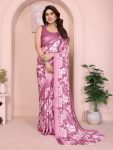 FANCY MOSS SATIN PRINTED SAREE WITH UNSTITCHED BLOUSE  PINK