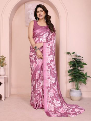 FANCY MOSS SATIN PRINTED SAREE WITH UNSTITCHED BLOUSE  PINK