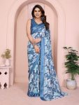 FANCY MOSS SATIN PRINTED SAREE WITH UNSTITCHED BLOUSE  BLUE