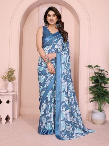 FANCY MOSS SATIN PRINTED SAREE WITH UNSTITCHED BLOUSE  BLUE