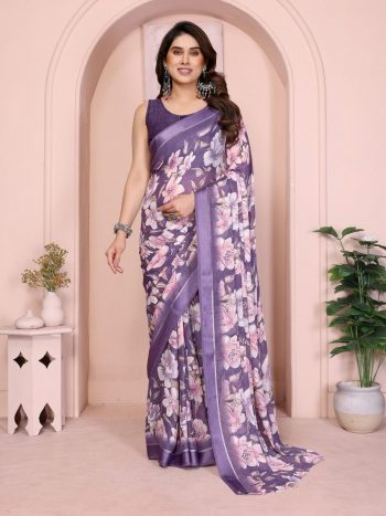 FANCY MOSS SATIN PRINTED SAREE WITH UNSTITCHED BLOUSE  PURPLE