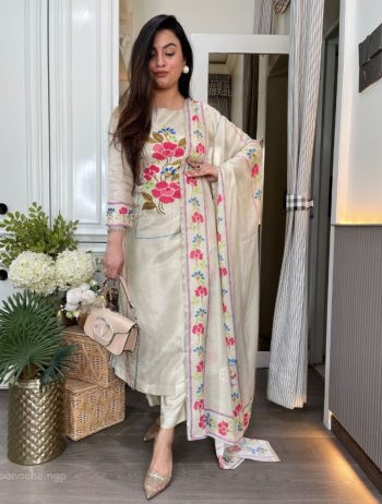 FANCY MUSLIN FLORAL PRINTED TOP BOTTOM WITH DUPATTA OFF WHITE