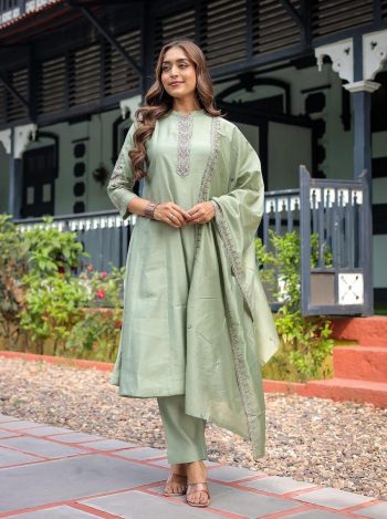 FANCY MUSLIN SILK EMBROIDERY WORK TOP BOTTOM WITH DUPATTA  PISTA