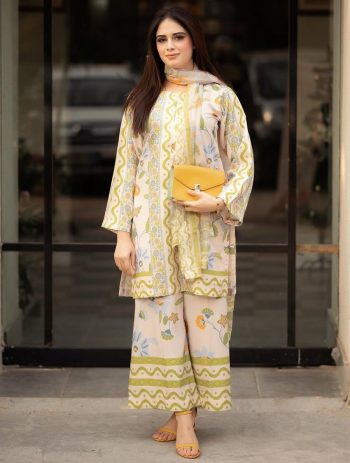 FANCY NATURAL CREPE DIGITAL PRINT WORK TOP PALAZZO WITH DUPATTA LEMON