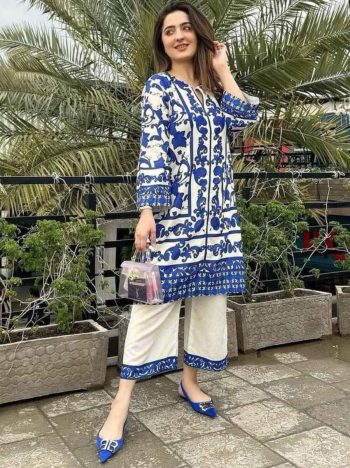 FANCY NATURAL CREPE DIGITAL PRINTED KURTI PALAZZO SET BLUE