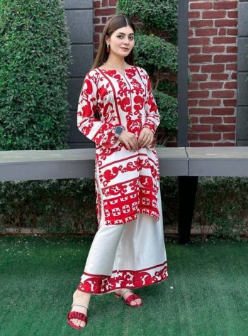FANCY NATURAL CREPE DIGITAL PRINTED KURTI PALAZZO SET RED