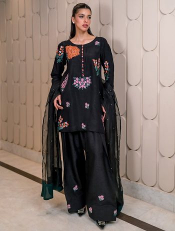 FANCY NATURAL CREPE SILK EMBROIDERY SEQUENCE WORK TOP PATIYALA WITH DUPATTA BLACK