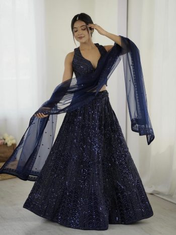FANCY NET SEQUENCE AND DORI WORK LEHENGA CHOLI WITH DUPATTA NAVY BLUE