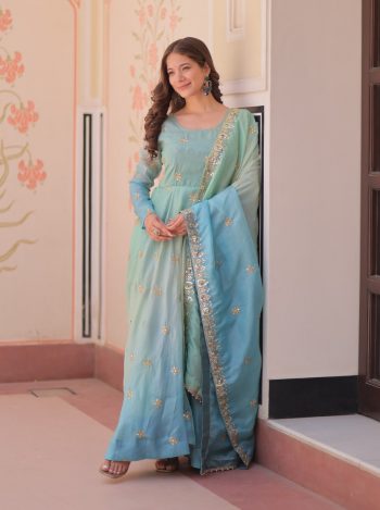 FANCY PADDING GOLD ORGANZA SEQUENCE MULTI AND ZARI EMBROIDERY WORK GOWN WITH DUPATTA  SEA BLUE