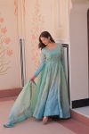 FANCY PADDING GOLD ORGANZA SEQUENCE MULTI AND ZARI EMBROIDERY WORK GOWN WITH DUPATTA PARTY WEAR WHOLESALE PRICE ETHNIC GARMENT (10)