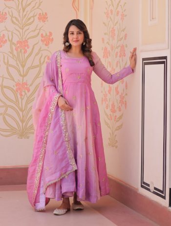 FANCY PADDING GOLD ORGANZA SEQUENCE MULTI AND ZARI EMBROIDERY WORK GOWN WITH DUPATTA  BABY PINK