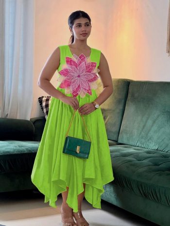 FANCY PARAMPARA SILK FLOWER CUTTING PASTING WORK ONE PIECE  PARROT GREEN