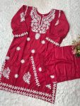 FANCY PURE RAYON COTTON CHIKAKARI EMBROIDERY WORK KURTI PALAZZO SET RANI