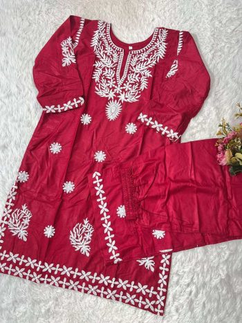 FANCY PURE RAYON COTTON CHIKAKARI EMBROIDERY WORK KURTI PALAZZO SET RANI