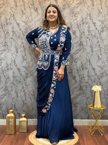 FANCY RANGOLI PLAIN GOWN WITH EMBROIDERY WORK ATTACHED KOTI AND DUPATTA NAVY BLUE