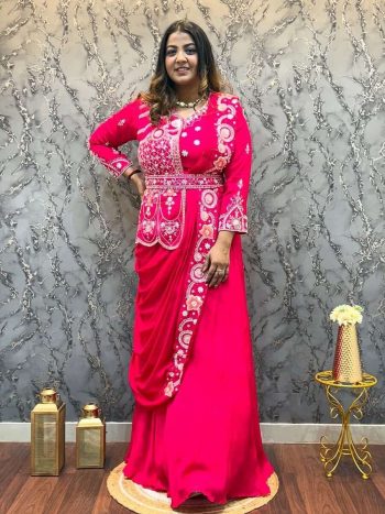 FANCY RANGOLI PLAIN GOWN WITH EMBROIDERY WORK ATTACHED KOTI AND DUPATTA RANI