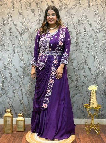 FANCY RANGOLI PLAIN GOWN WITH EMBROIDERY WORK ATTACHED KOTI AND DUPATTA PURPLE