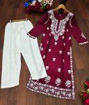 FANCY RAYON COTTON CHIKANKARI STYLE EMBROIDERY WORK TOP PENT SET OFFICE WEAR WHOLESALE PRICE ETHNC GARMENT (1)