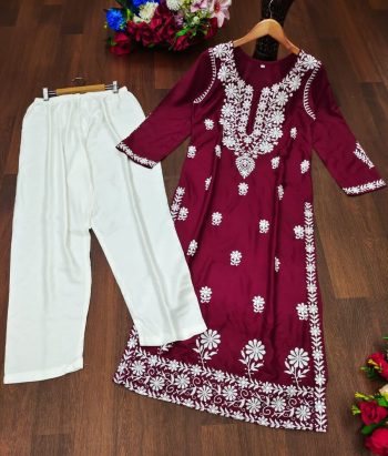 FANCY RAYON COTTON CHIKANKARI STYLE EMBROIDERY WORK TOP PENT SET  MAROON