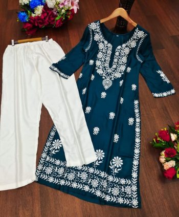 FANCY RAYON COTTON CHIKANKARI STYLE EMBROIDERY WORK TOP PENT SET  TEAL