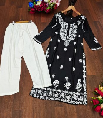FANCY RAYON COTTON CHIKANKARI STYLE EMBROIDERY WORK TOP PENT SET  BLACK