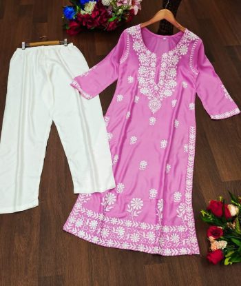FANCY RAYON COTTON CHIKANKARI STYLE EMBROIDERY WORK TOP PENT SET  BABY PINK