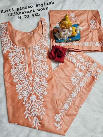 FANCY RAYON COTTON CHIKANKARI WORK KURTI PALAZZO SET  PEACH