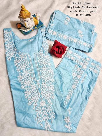 FANCY RAYON COTTON CHIKANKARI WORK KURTI PALAZZO SET  SKY