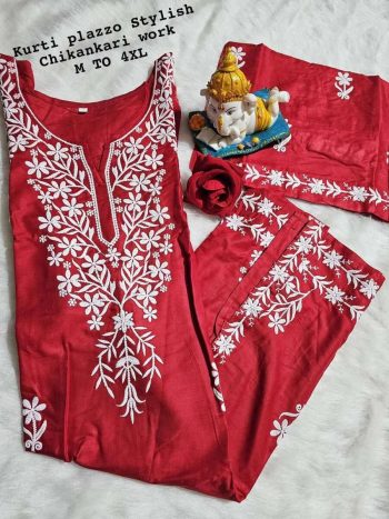 FANCY RAYON COTTON CHIKANKARI WORK KURTI PALAZZO SET  RED