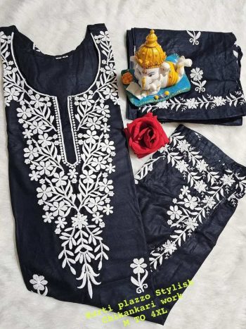 FANCY RAYON COTTON CHIKANKARI WORK KURTI PALAZZO SET  BLACK