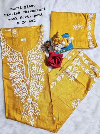 FANCY RAYON COTTON CHIKANKARI WORK KURTI PALAZZO SET YELLOW