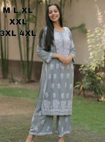 FANCY RAYON COTTON CHIKANKARI WORK KURTI PALAZZO SET  GREY