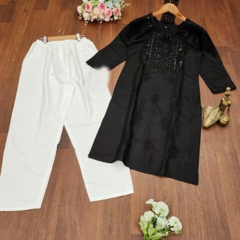 FANCY RAYON COTTON SEQUENCE EMBROIDERY  WORK  TOP BOTTOM SET BLACK