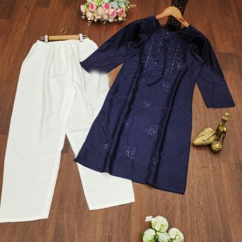 FANCY RAYON COTTON SEQUENCE EMBROIDERY  WORK  TOP BOTTOM SET NAVY BLUE