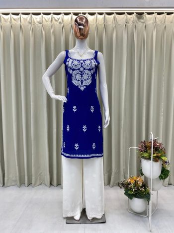 FANCY RAYON EMBROIDERY WORK KURTI PALAZZO SET BLUE